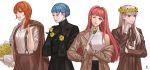  4girls alternate_costume blue_hair braid closed_eyes closed_mouth crown_braid earrings fire_emblem fire_emblem:_three_houses flwoer head_wreath highres hilda_valentine_goneril jacket jewelry leonie_pinelli long_hair long_sleeves lysithea_von_ordelia marianne_von_edmund multiple_girls muntjac_art one_eye_closed orange_eyes orange_hair parted_lips pink_eyes pink_hair ponytail ring short_sleeves simple_background upper_body white_background white_hair 