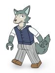  2019 beastars canid canine canis clothing fur grey_body grey_fur humor lego legosi_(beastars) male mammal multicolored_body multicolored_fur reymon_comander simple_background solo two_tone_body two_tone_fur walking what_has_science_done wolf 