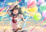 1girl :d anniversary balloon bangs belt_pouch bracelet breasts character_name cloud cloudy_sky commentary_request confetti cowboy_shot dated eyebrows_visible_through_hair eyepatch flat_cap green_eyes green_hair groin hand_on_headwear hat highres holding_balloon jewelry kantai_collection kiso_(kantai_collection) light_particles long_hair looking_away midriff navel neckerchief open_mouth pouch red_neckwear sailor_hat school_uniform serafuku short_hair short_sleeves signature skirt sky small_breasts smile solo streamers twilight upper_teeth white_serafuku white_skirt yuihira_asu 