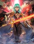  1girl breasts byleth_(fire_emblem) byleth_(fire_emblem)_(female) cape center_opening company_name copyright_name fire_emblem fire_emblem:_three_houses fire_emblem_cipher green_eyes green_hair holding holding_sword holding_weapon medium_hair nij_24 official_art pantyhose shoulder_armor solo sword thigh_strap underboob weapon 