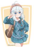  1girl :t absurdres antenna_hair arm_up backpack bag bangs blue_coat blue_skirt blush brown_headwear closed_mouth commentary_request cosplay cowboy_shot dennou_shoujo_youtuber_shiro eyebrows_visible_through_hair fuusuke_(fusuke208) hair_ornament hairclip hand_on_hip highres hood hood_down hooded_coat long_hair long_sleeves looking_at_viewer miniskirt pleated_skirt pokemon pokemon_(game) pokemon_swsh shiro_(dennou_shoujo_youtuber_shiro) skirt smile solo tail tam_o&#039;_shanter twitter_username two-tone_background v_over_eye virtual_youtuber white_hair yuuri_(pokemon) yuuri_(pokemon)_(cosplay) 