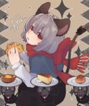  1girl animal_ears black_bow black_jacket black_skirt bow bowtie capelet carrying_overhead cheese closed_eyes food formal from_side grey_hair highres holding holding_food jacket long_sleeves looking_up mouse mouse_ears mouse_tail nazrin open_mouth plate prat_rat red_eyes red_neckwear red_scarf scarf scarf_bow shirt short_hair signature skirt sparkle suit tail tail_bow touhou upper_body white_shirt 