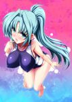  1girl aqua_eyes aqua_hair bangs bare_shoulders blue_background blue_swimsuit blush breasts collarbone competition_swimsuit eyebrows_visible_through_hair eyes_visible_through_hair facial_mark finger_to_mouth forehead_mark hair_intakes impossible_clothes impossible_swimsuit large_breasts lindy_harlaown long_hair looking_at_viewer mature multicolored multicolored_background multicolored_clothes multicolored_swimsuit one-piece_swimsuit parted_bangs pink_background shiny shiny_hair shiwo sideboob skindentation smile solo sparkle swimsuit tongue tongue_out very_long_hair white_swimsuit 