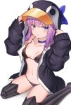  1girl absurdres animal_costume armored_boots bikini black_bikini blue_eyes boots breasts choker collarbone fate/grand_order fate_(series) hands_up highres long_hair long_sleeves looking_at_viewer meltryllis meltryllis_(swimsuit_lancer)_(fate) navel parted_lips penguin_costume purple_hair simple_background sitting small_breasts solo stomach sunhyun swimsuit thigh_boots thighhighs thighs wariza white_background 