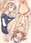  2girls ;d atelier_(series) atelier_ryza bare_legs barefoot blonde_hair braid breasts bright_pupils brown_eyes brown_hair cleavage green_eyes highres klaudia_valentz large_breasts long_hair long_sleeves lying multiple_girls off-shoulder_sweater off_shoulder official_art on_back on_side one_eye_closed open_mouth pajamas pillow pillow_grab reisalin_stout short_hair side_braid sleep_mask smile sweater toridamono white_pupils 