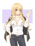  1girl belt black_belt black_pants blonde_hair breasts brown_eyes character_request cleavage collarbone collared_shirt contrapposto cowboy_shot dress_shirt gintama hair_between_eyes hand_on_hip long_hair looking_at_viewer medium_breasts oshage_(user_kpsn5534) pants parted_lips shinsengumi_(gintama) shiny shiny_hair shirt smile solo standing very_long_hair white_background white_shirt wing_collar 