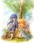  1boy 1girl animal bird bird_on_hand blue_eyes blue_hair bluebird boots brown_eyes cape dress fire_emblem fire_emblem:_genealogy_of_the_holy_war headband holding_needle lana_(fire_emblem) long_hair needle open_mouth orange_hair ponytail red-50869 seliph_(fire_emblem) sewing sewing_needle short_hair sitting smile sword thread tree weapon 