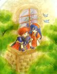  1girl 3boys armor balcony bird blue_eyes blue_hair bluebird book cape closed_eyes couple dress fingerless_gloves fire_emblem fire_emblem:_the_binding_blade gloves green_hair hand_on_own_chest hand_on_shoulder hat headband lilina_(fire_emblem) long_hair marcus_(fire_emblem) multiple_boys open_mouth red-50869 red_hair roy_(fire_emblem) shaking_head short_hair smile tree window wolt_(fire_emblem) 