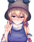  1girl blonde_hair blush brown_headwear closed_mouth commentary_request darumoon eyebrows_visible_through_hair eyes hair_between_eyes hat highres index_finger_raised looking_at_viewer medium_hair moriya_suwako simple_background solo tears touhou turtleneck upper_body wavy_mouth white_background yellow_eyes 