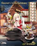  1girl :d animal_ears azur_lane black_legwear blonde_hair breasts cake capelet cat_ear_headphones cat_ears christmas concord_(azur_lane) concord_(sweet_christmas)_(azur_lane) english_commentary english_text expressions fake_animal_ears feet food fur_trim headphones highres large_breasts merry_christmas mole mole_under_eye official_art oouso open_mouth panties panties_under_pantyhose pantyhose red_eyes santa_costume skirt smile star star-shaped_pupils symbol-shaped_pupils thighband_pantyhose twintails underboob underwear 