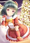  &gt;:) 1girl aihara_tsubaki bangs blush bow breasts christmas christmas_lights christmas_ornaments christmas_tree closed_mouth commentary_request elbow_gloves eyebrows_visible_through_hair fur-trimmed_skirt gloves green_hair highres holding holding_sack ongeki plaid plaid_hat plaid_skirt puffy_short_sleeves puffy_sleeves purple_eyes red_gloves red_headwear red_skirt red_vest sack shirt short_sleeves skirt small_breasts smile solo star tilted_headwear v-shaped_eyebrows vest white_shirt yellow_bow zenon_(for_achieve) 