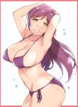  1girl armpits bikini border breasts clenched_teeth collarbone deyuuku eyebrows_visible_through_hair green_eyes hair_ornament hair_scrunchie large_breasts long_hair looking_at_viewer love_live! love_live!_school_idol_project low_twintails navel purple_bikini purple_hair red_border red_scrunchie scrunchie side-tie_bikini smile solo swimsuit teeth toujou_nozomi twintails white_background 