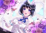  1girl :d bang_dream! bangs black_hair blue_ribbon breasts choker cleavage dress earrings gloves highres instrument jewelry luxunshangxiang medium_breasts music open_mouth playing_instrument purple_eyes ribbon ribbon_choker shiny shiny_hair shirokane_rinko short_hair smile solo white_dress white_gloves 