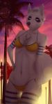  absurd_res aira an_ancient anthro bikini canid canine canis clothed clothing domestic_dog female fur hi_res looking_at_viewer mammal outside palm_trees runes smile solo sunset swimwear white_body white_fur yellow_eyes 