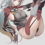  1girl absurdres azur_lane bodysuit boots breasts gloves grey_hair highres large_breasts legs_up long_hair looking_at_viewer mole mole_on_breast open_mouth prinz_eugen_(azur_lane) reclining red_eyes sideboob sketch solo thigh_boots thighhighs thighs white_background work_in_progress yusha_(m-gata) 