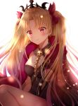  1girl backlighting bangs between_breasts blonde_hair blush bow breasts cape closed_mouth commentary_request earrings ereshkigal_(fate/grand_order) eyebrows_visible_through_hair fate/grand_order fate_(series) glint hair_ribbon highres infinity jewelry long_hair looking_at_viewer medium_breasts nasii parted_bangs red_cape red_eyes red_ribbon revision ribbon simple_background skull smile solo spine tiara two_side_up very_long_hair white_background 