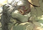  1girl bed bed_sheet bsue commentary_request g11_(girls_frontline) girls_frontline grey_hair korean_commentary long_hair messy_hair pajamas sleep_mask sleeping solo 