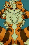  2019 5_fingers anthro arcanine bedroom_eyes big_breasts black_eyes breasts canid canine chest_tuft digital_media_(artwork) featureless_breasts featureless_crotch female fingers fluffy fur grey_background hair half-closed_eyes heckdemon hi_res long_hair looking_at_viewer mammal narrowed_eyes nintendo open_mouth pok&eacute;mon pok&eacute;mon_(species) seductive simple_background smile solo striped_body striped_fur stripes thick_thighs tuft video_games white_pupils 