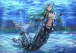  1girl abs aqua_hair armpit_cutout bangs bikini_top breasts bubble cleavage commentary elbow_gloves english_commentary fins fish fish_tail full_body gloves hair_flaps hair_ornament headpiece keane912 large_breasts light_rays long_hair looking_at_viewer machinery mecha_musume mechanical_parts mechanical_tail mermaid midriff_cutout monster_girl navel ocean_bottom orange_eyes original parted_bangs school_of_fish science_fiction shadow shoulder_pads sidelocks smile sunbeam sunlight tagme tail underboob underwater 