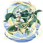  1girl armored_boots black_legwear black_ribbon black_shorts blue_eyes blue_hair boots bow_(weapon) breastplate cape closed_mouth firing frown green_cape green_skirt hair_between_eyes hair_ribbon highres holding holding_bow_(weapon) holding_weapon knee_boots long_sleeves midriff navel official_art overskirt ribbon short_hair short_shorts shorts shoulder_armor sinon skirt solo spaulders stomach sword_art_online thigh_strap thighhighs transparent_background weapon white_footwear 