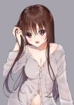  1girl absurdres bangs blush breasts brown_hair cleavage collarbone commentary_request dress_shirt eyebrows_visible_through_hair girls_frontline grey_background grey_shirt hair_ribbon hand_in_hair hand_up highres kodama_(koda_mat) long_hair long_sleeves looking_at_viewer medium_breasts naked_shirt navel no_bra partially_unbuttoned red_eyes red_ribbon ribbon shirt sidelocks simple_background solo straight_hair upper_body v-shaped_eyebrows very_long_hair wa2000_(girls_frontline) 
