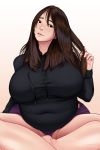  1girl absurdres arm_support bangs bare_legs black_sweater breasts breasts_apart brown_hair covered_navel crossed_legs gradient gradient_background hair_between_eyes hair_tousle head_tilt highres long_hair looking_at_viewer navel original panties plump purple_panties sitting solo sweater tag taut_clothes toroboro underwear 