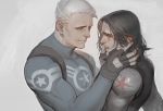  2boys captain_america_the_winter_soldier cyborg grey_hair hand_in_mouth james_buchanan_barnes liduke male_focus marvel mechanical_arm multiple_boys old_man older steve_rogers superhero time_paradox white_hair winter_soldier 