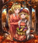  2girls :d absurdres aki_minoriko aki_shizuha apple autumn autumn_leaves bangs barefoot basket black_choker black_footwear black_ribbon black_skirt blonde_hair blue_sky blush breast_pocket breasts choker commentary_request day dress eyebrows_visible_through_hair food food_themed_hair_ornament fruit grape_hair_ornament hair_ornament hairband hat highres holding holding_basket kneeling leaf_hair_ornament light_rays long_sleeves mob_cap multiple_girls open_mouth outdoors pocket red_dress red_eyes red_hairband red_headwear ribbon ribbon_choker shirt shoes short_hair siblings sisters skirt sky small_breasts smile sweet_potato touhou waffle_nouka white_shirt wide_sleeves yellow_eyes 