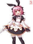  1girl animal_ears apron artist_logo astolfo_(fate) astolfo_(fate)_(cosplay) astolfo_(saber)_(fate) astolfo_(saber)_(fate)_(cosplay) bangs black_dress black_gloves black_legwear black_neckwear bunny_ears colored_tips commentary_request contrapposto cosplay dated dress fang fate/grand_order fate_(series) frilled_legwear gloves hair_between_eyes highres kanon_(kurogane_knights) kantai_collection kunashiri_(kantai_collection) look-alike messy_hair multicolored_hair open_mouth orange_eyes pink_hair simple_background skin_fang solo sword thighhighs two-tone_hair two_side_up weapon white_apron white_background 
