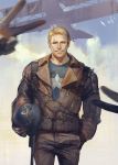  1boy aircraft airplane biplane blonde_hair bunny_ears_prank captain_america cowboy_shot grin hand_in_pocket helmet holding holding_helmet liduke male_focus marvel peace_symbol pilot_uniform smile solo steve_rogers uniform v 