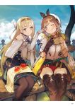  2girls :t apple atelier_(series) atelier_ryza belt blonde_hair boots breasts bright_pupils brown_eyes brown_hair brown_legwear day dress eating elbow_gloves food fruit gloves green_eyes hair_ornament hairband hairclip hamburger hat highres klaudia_valentz long_hair medium_breasts multiple_girls official_art one_eye_closed outdoors page_number pantyhose partly_fingerless_gloves reisalin_stout short_dress short_shorts shorts single_glove single_sidelock sitting smile thigh_boots thighhighs toridamono white_gloves 