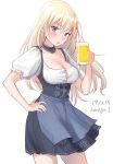  1girl alcohol alternate_costume apron beer bismarck_(kantai_collection) blonde_hair blue_eyes blush breasts cup dress german_clothes holding holding_cup kantai_collection large_breasts long_hair looking_at_viewer oktoberfest open_mouth short_sleeves simple_background solo twitter_username u0709 underbust white_background 