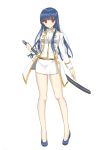  1girl bangs blue_footwear blue_hair blunt_bangs full_body gintama highres hime_cut holding holding_sword holding_weapon imai_nobume jacket katana long_hair long_sleeves looking_at_viewer military_jacket miniskirt oshage_(user_kpsn5534) pencil_skirt red_eyes sheath sheathed shiny shiny_hair simple_background skirt solo standing straight_hair sword very_long_hair weapon white_background white_jacket white_skirt 