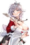  1girl apron azur_lane blush breasts cleavage commentary_request food food_on_face grey_eyes grey_hair hair_ribbon head_tilt large_breasts licking_lips looking_at_viewer mamemena nail_polish red_nails ribbon seattle_(azur_lane) short_hair solo spatula tongue tongue_out 