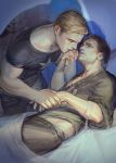  2boys bed blanket casual hand_kiss holding_hands james_buchanan_barnes kiss liduke lying male_focus marvel midriff multiple_boys short_hair steve_rogers 