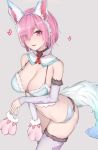  1girl absurdres animal_ears bare_shoulders bow bowtie breasts cleavage cosplay detached_sleeves earrings eyebrows_visible_through_hair eyes_visible_through_hair fate/grand_order fate_(series) fou_(fate/grand_order) fou_(fate/grand_order)_(cosplay) fur-trimmed_sleeves fur_trim hair_over_one_eye highres jewelry large_breasts looking_at_viewer mash_kyrielight navel pink_eyes pink_hair red_bow red_neckwear sherryqq short_hair solo tail thighhighs 