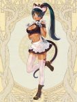  1girl animal_ears animal_print bangs bell black_hair blue_eyes boots breasts brown_footwear cat_ears cat_print cat_tail cleavage dairoku_youhei dark_skin gloves hands_up high_heel_boots high_heels jingle_bell large_breasts long_hair maid midriff nyan5000 paw_pose ponytail simple_background skirt solo tail thighhighs white_gloves white_legwear 