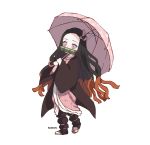  1girl aoirnn asa_no_ha_(pattern) bamboo bit_gag black_hair black_legwear forehead full_body gag geta hair_ribbon haori japanese_clothes kamado_nezuko kimetsu_no_yaiba kimono long_hair long_sleeves looking_at_viewer multicolored_hair orange_hair pink_eyes pink_kimono ribbon sandals simple_background solo two-tone_hair umbrella walking wavy_hair white_background wide_sleeves 