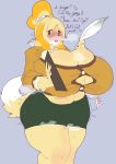  &lt;3 2019 animal_crossing anthro big_breasts blonde_hair blush bodily_fluids breasts canid canine canis clothing domestic_dog english_text female fur hair hi_res holding_object huge_breasts hyper hyper_breasts isabelle_(animal_crossing) loose_feather mammal nintendo open_mouth opqhlak quill shih_tzu simple_background solo sweat text thick_thighs toy_dog video_games wardrobe_malfunction yellow_body yellow_fur 