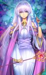  1girl closed_mouth copyright_name dress fire_emblem fire_emblem:_genealogy_of_the_holy_war fire_emblem_cipher holding holding_staff julia_(fire_emblem) leaf long_hair long_sleeves purple_eyes purple_hair solo staff toyo_sao wide_sleeves 