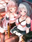  2girls :d apron bangs black_legwear blush breasts chair choker cleavage dress earrings eyebrows_visible_through_hair garter_straps hair_ornament hairclip hiragi_ringo indoors jewelry large_breasts leaning leg_garter long_hair looking_at_viewer maid maid_headdress multiple_girls one_side_up open_mouth original pink_hair red_eyes sidelocks silver_hair sitting skirt smile thighhighs 