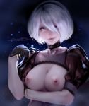  1girl adapted_costume black_choker black_gloves black_hairband blush breastless_clothes breasts choker cleavage collarbone crossed_arms eyelashes gloves hair_over_one_eye hairband lace_trim lera_pi looking_at_viewer makeup mascara medium_breasts mole mole_under_mouth nier_(series) nier_automata nipples no_blindfold no_bra nose out-of-frame_censoring pale_skin puffy_short_sleeves puffy_sleeves see-through short_hair short_sleeves shrug_(clothing) signature silver_hair solo upper_body yorha_no._2_type_b 