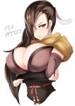  1girl absurdres arm_guards arms_under_breasts bangs breasts brown_eyes brown_hair cleavage closed_mouth commentary_request crossed_arms detached_sleeves fire_emblem fire_emblem_fates fire_emblem_heroes hair_over_one_eye hair_ribbon highres kagero_(fire_emblem) large_breasts long_hair ninja ribbon scarf smile tea_texiamato upper_body yellow_scarf 