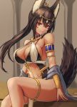  1girl :3 animal_ears ankh armlet bracelet breasts brown_hair choker circlet commentary_request dark_skin egyptian egyptian_clothes gold_trim highres jackal_ears jackal_tail jewelry large_breasts long_hair looking_at_viewer moppo original ponytail red_eyes sitting thighlet 