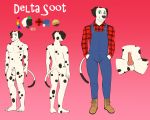  2019 anthro balls canid canine canis clothed clothing dalmatian delta_soot digital_media_(artwork) domestic_dog fingers fur male mammal model_sheet nipples nude overalls penis shirt smile solo text timidwithapen topwear 