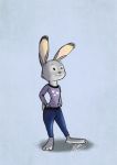  2016 absurd_res anthro barefoot blue_background bottomwear cheek_tuft clothed clothing disney dot_eyes facial_tuft fully_clothed fur grey_body grey_fur hands_on_hips head_tuft hi_res judy_hopps lagomorph leporid light lighting mammal pants rabbit scut_tail shirt simple_background smile softlight289 solo topwear tuft zootopia 
