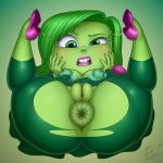  2018 anus big_anus big_butt breasts butt captain_jerkpants clothed clothing disgust disgust_(inside_out) disney female footwear green_body green_eyes green_hair hair high_heels humanoid inside_out lipstick lying makeup not_furry partially_clothed pixar presenting puffy_anus pussy shoes solo spread_legs spreading 