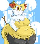  2019 absurd_res anthro belly big_belly big_breasts blush braixen breasts brest canid canine cleavage_cutout digital_media_(artwork) dipstick_tail female fluffy fluffy_tail fur hi_res huge_breasts humanoid inner_ear_fluff mammal multicolored_body multicolored_tail nintendo nude obese overweight overweight_female pok&eacute;mon pok&eacute;mon_(species) simple_background solo stick thick_thighs tuft video_games wide_hips xaxrla yellow_body yellow_fur 