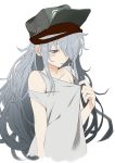  1girl absurdres bangs bare_shoulders blush_stickers brown_eyes collarbone eyebrows_visible_through_hair flat_chest g11_(girls_frontline) girls_frontline grey_hair grey_shirt hair_between_eyes hat highres long_hair looking_down messy_hair open_mouth ripod scarf shirt shirt_tug shoulder_cutout sidelocks simple_background very_long_hair white_background 
