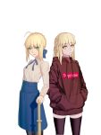  2girls absurdres ahoge artoria_pendragon_(all) bangs black_legwear blonde_hair blouse blue_bow blue_neckwear blue_ribbon blue_skirt bow braid brown_hoodie collared_shirt contemporary cowboy_shot crown_braid er_ci_gudu eyebrows_visible_through_hair fate/grand_order fate_(series) green_eyes hair_bow hands_in_pockets high-waist_skirt highres long_sleeves looking_at_viewer mouth_hold multiple_girls open_mouth pantyhose pink_sweater ponytail ribbon saber saber_alter shirt side-by-side simple_background skirt supreme sweater sword thighhighs turtleneck turtleneck_sweater weapon white_background white_shirt wooden_sword yellow_eyes zettai_ryouiki 